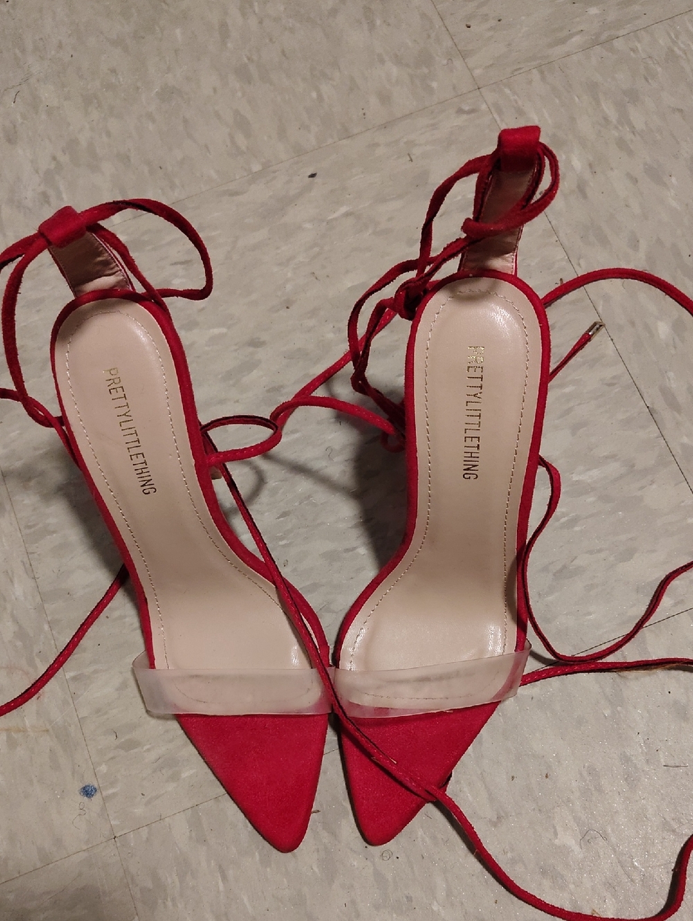 PrettyLittleThing Red Pointed Toe Lace-Up Heels with Clear Strap